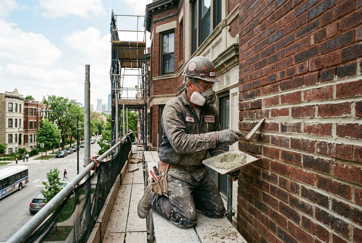 Hunter Tuckpointing and Masonry Crews on Chicago Building Scaffolding